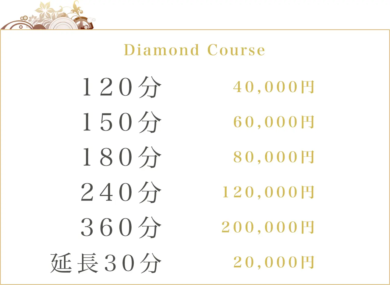 Diamond Course 120分:30000円 150分:60000円 180分:80000円 240分:120000円 360分:200000円 延長30分:20000円